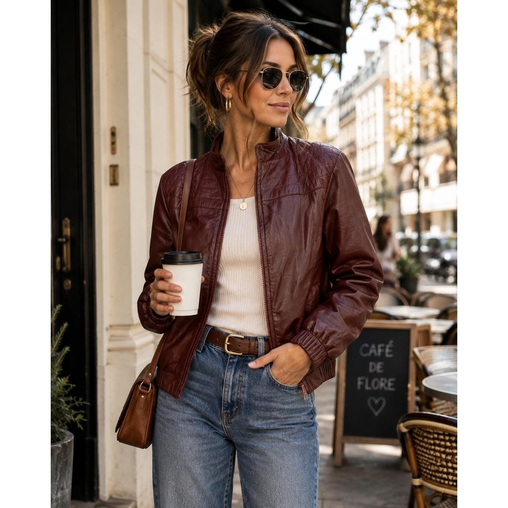 Vintage 80's Chic Grunge Leather Bomber Jacket Quilted Moto Retro Burgundy Sz 8